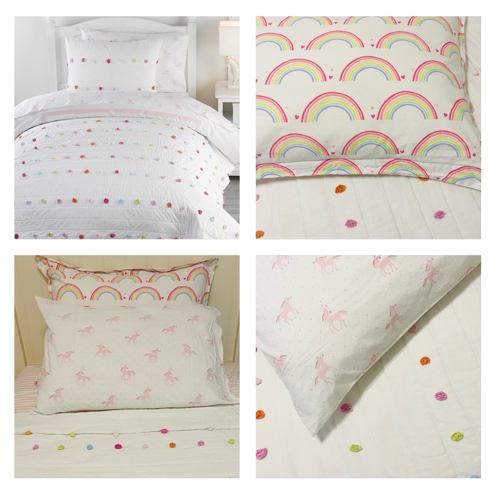Pottery Barn Kids Twin Quilt, Bright Pom Pom w Unicorn Pillow Case, Rainbow Sham